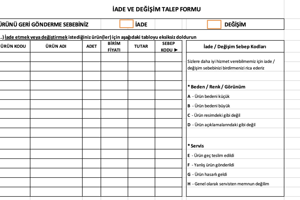iade ve degisim formu